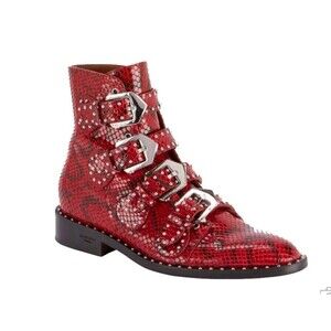GIVENCHY Calfskin Red Python Embossed Studded Ankle Boots Womens 6.5 36.5 Straps